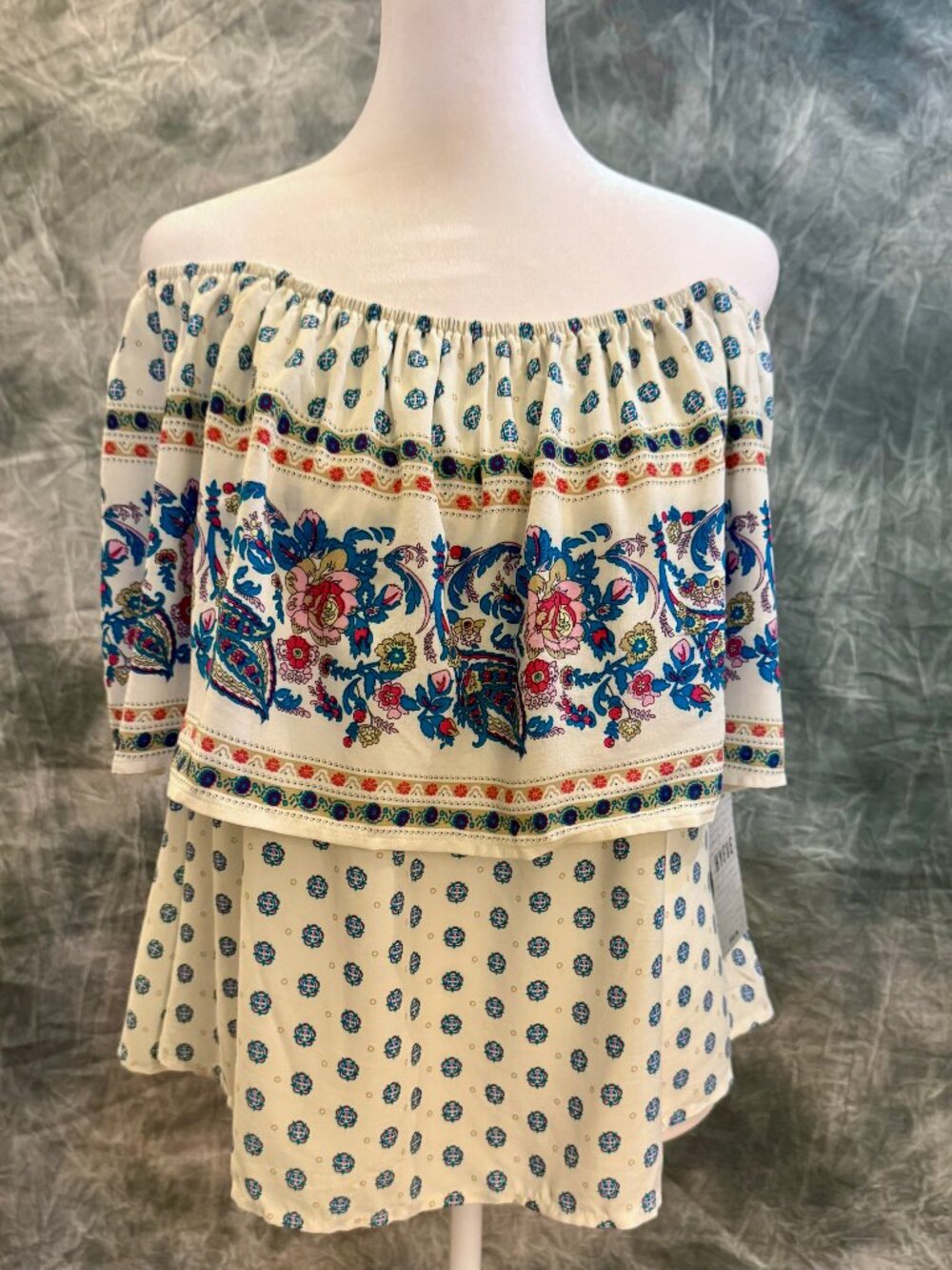 Off-the-Shoulder Mixed Print Tiered Ruffle Top - Large